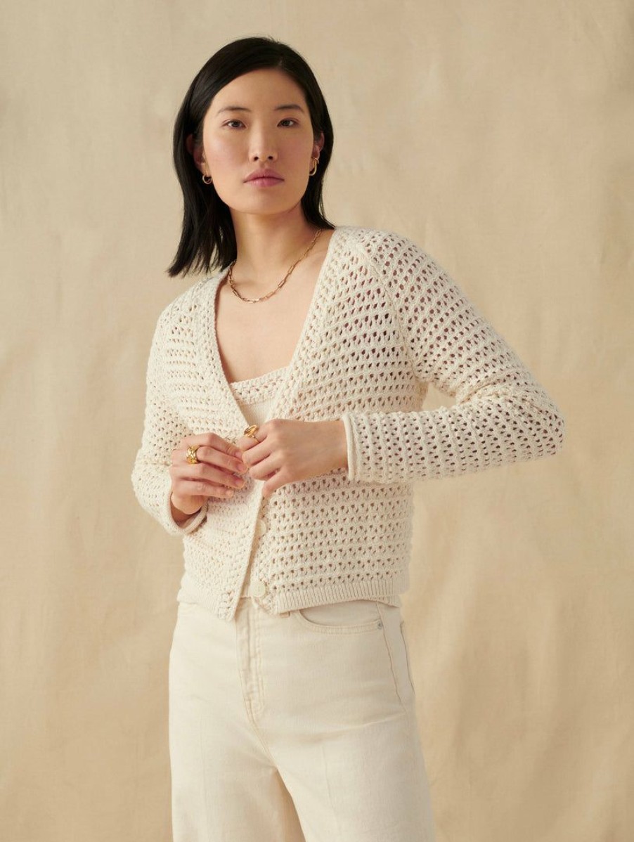 Apparel * | White + Warren Italian Blend Crochet Cardigan Ivory