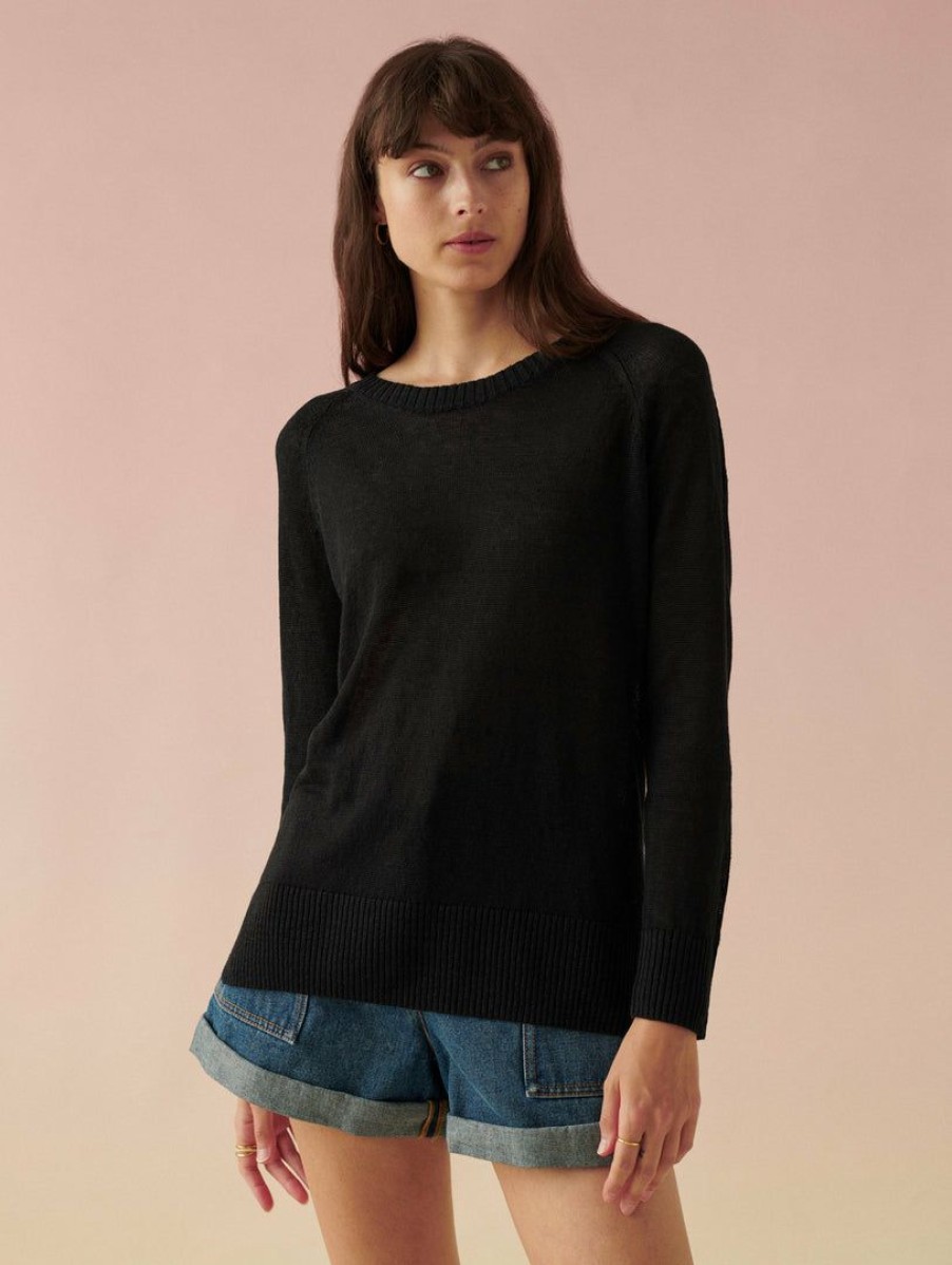 Apparel * | White + Warren Linen Easy Crewneck Vacation Wardrobe Black