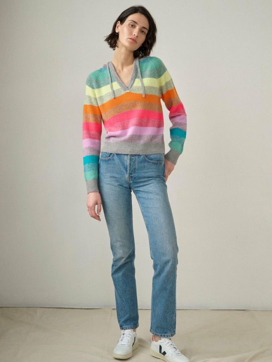 Apparel * | White + Warren Cashmere Rainbow Striped Hoodie Best-Sellers Rainbow Multi