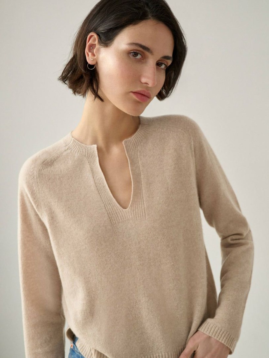 Apparel * | White + Warren Cashmere Split Neck Pullover Best-Sellers Toffee Heather