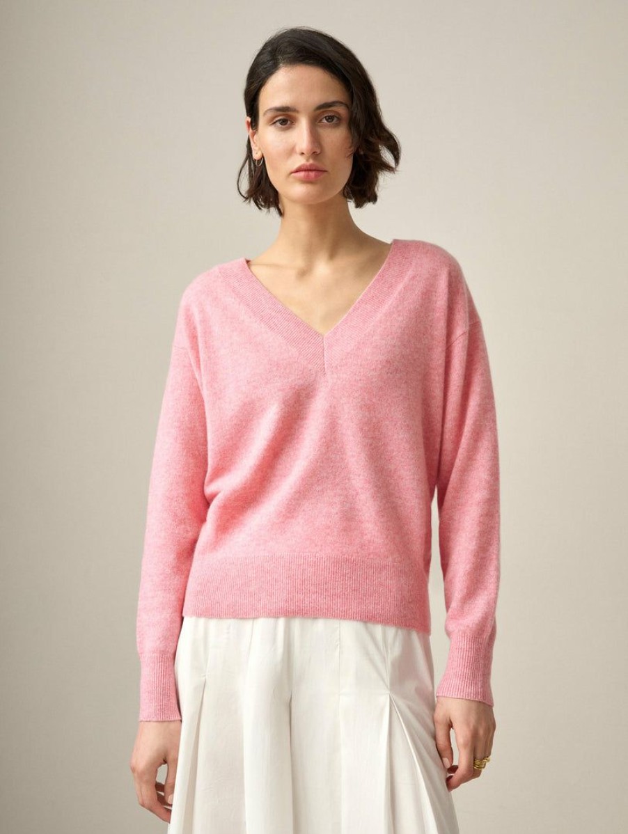 Apparel * | White + Warren Summer Staples Essential Cashmere V Neck Coral Heather