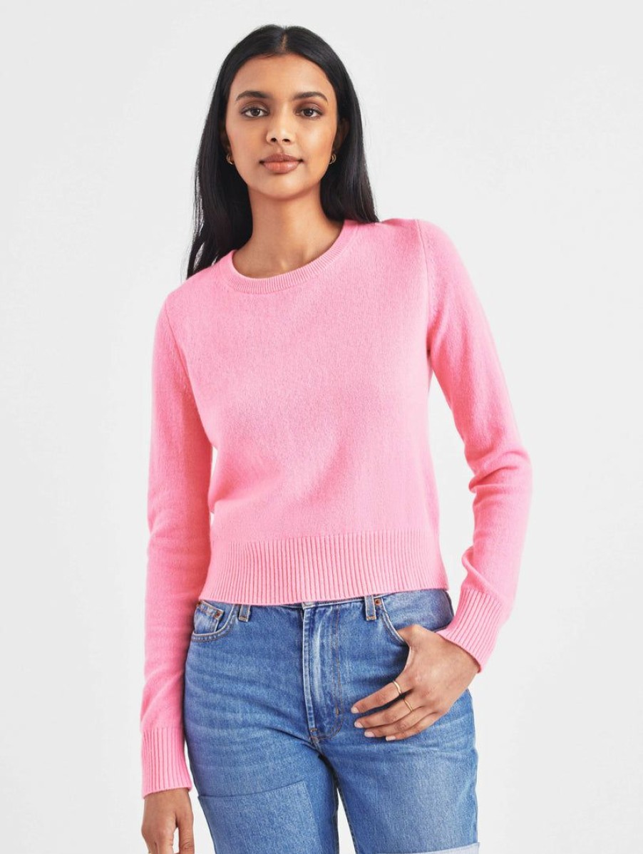 Apparel * | White + Warren Essential Cashmere Shrunken Crewneck Almost Gone Neon Peony