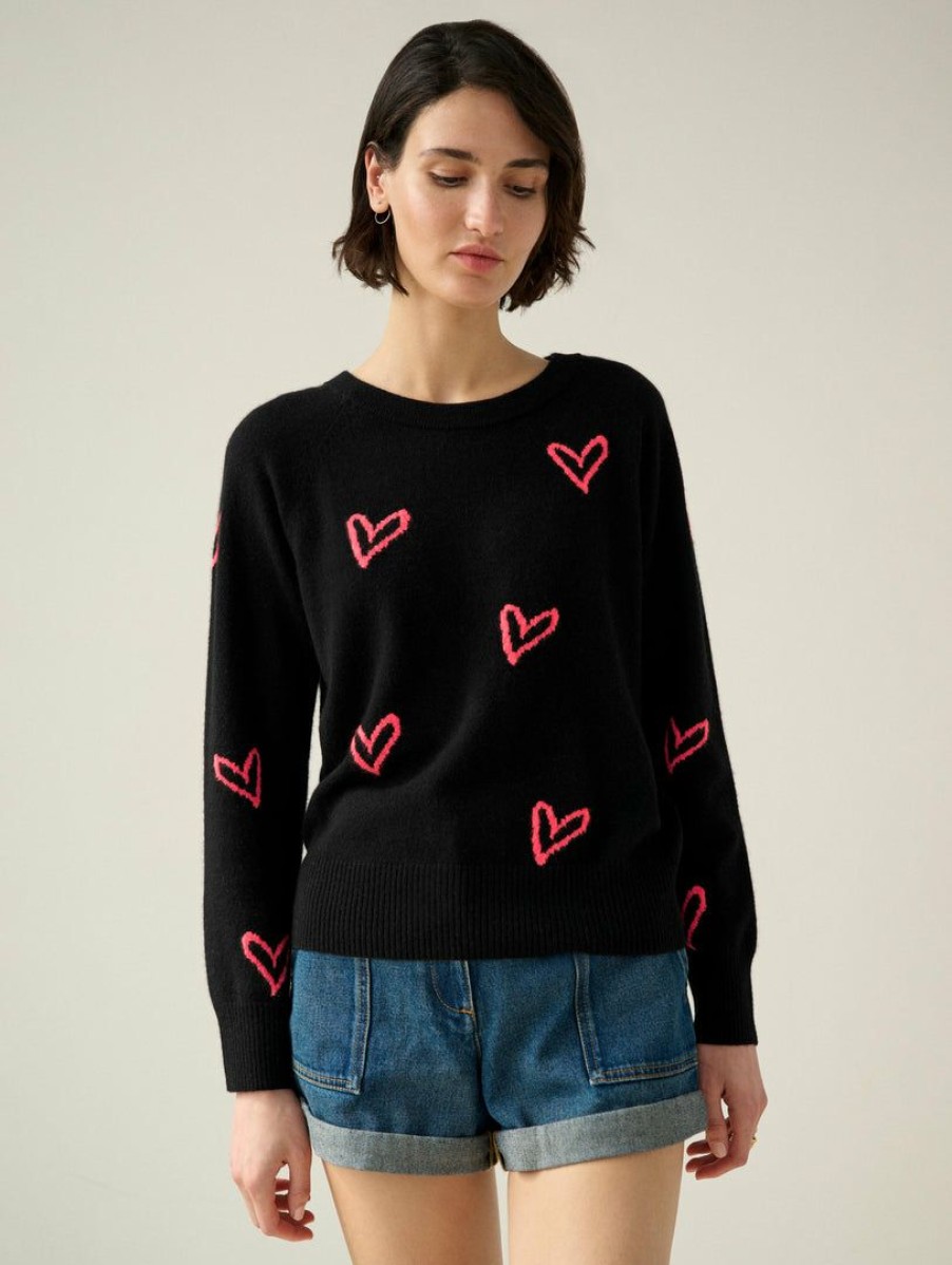 Apparel * | White + Warren Cashmere Heart Intarsia Sweatshirt Pattern Shop Black Combo