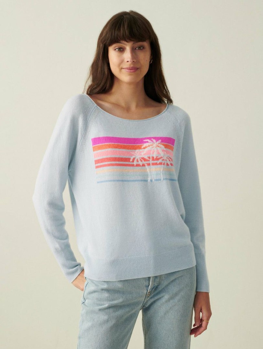 Apparel * | White + Warren Cashmere Sunset Intarsia Off Shoulder Sweatshirt Calm Water Sunset