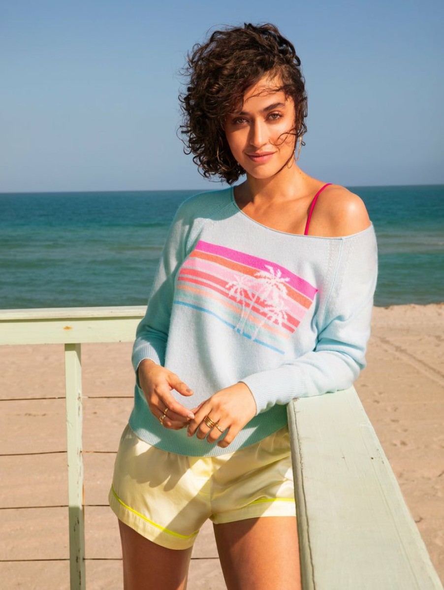 Apparel * | White + Warren Cashmere Sunset Intarsia Off Shoulder Sweatshirt Calm Water Sunset