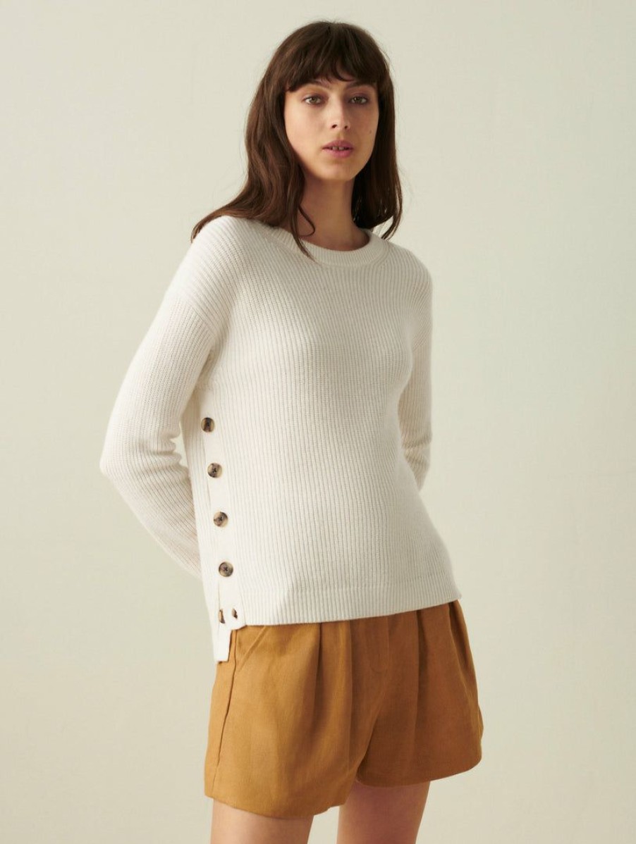 Apparel * | White + Warren Sweaters Cotton Side Button Crewneck Pearl White