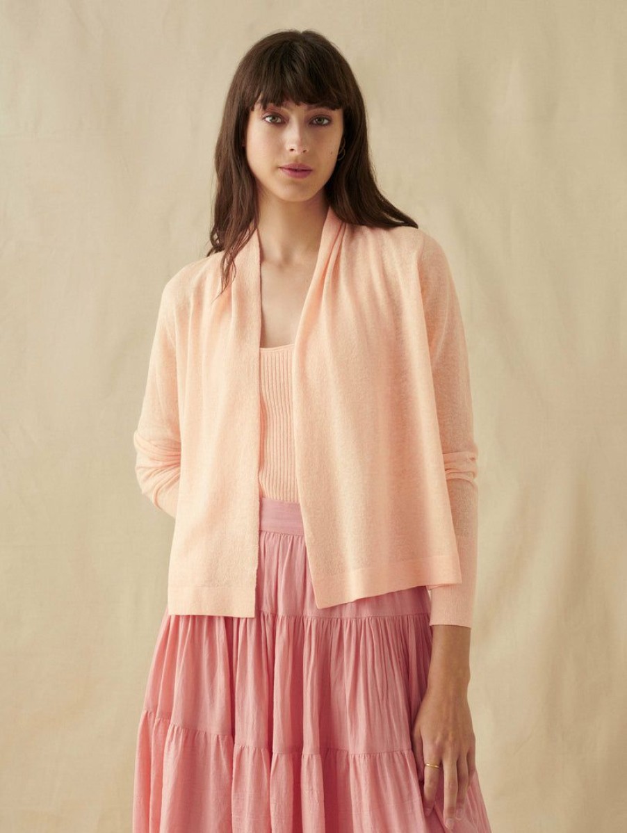 Apparel * | White + Warren Linen Blend Cropped Open Cardigan Vacation Wardrobe Peach Heather