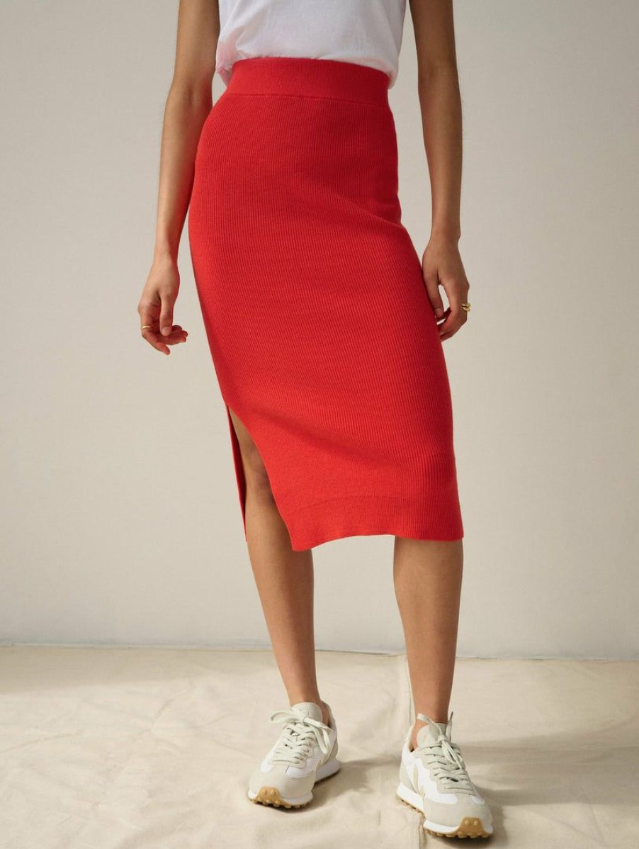 Apparel * | White + Warren Cotton Silk Pencil Skirt Color Shop Red Flame