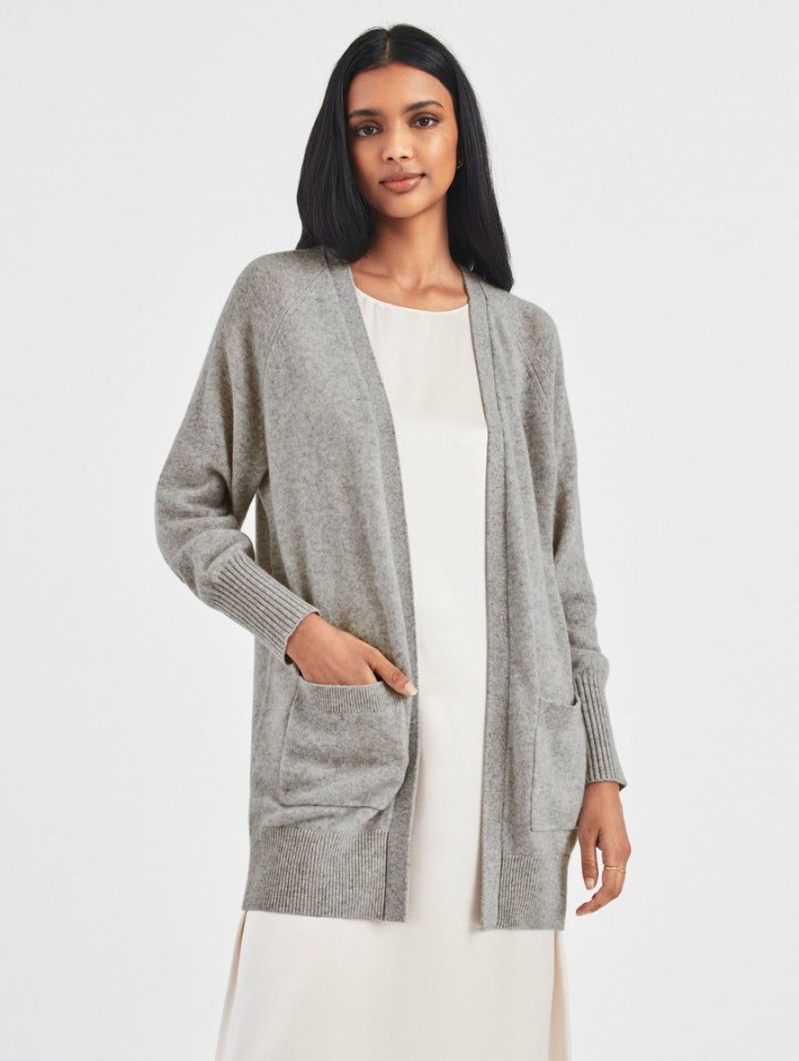 Apparel * | White + Warren Cashmere Patch Pocket Open Cardigan Cardigans Misty Grey Heather