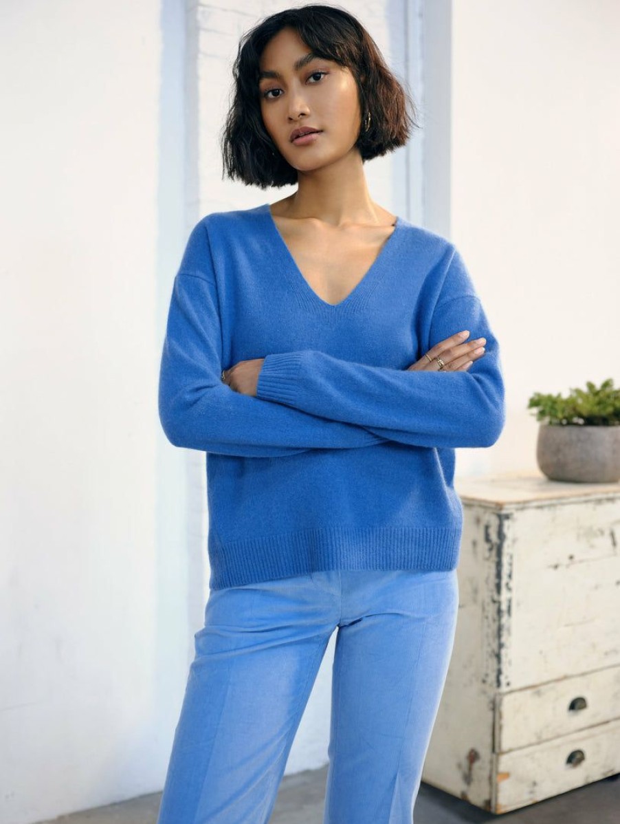 Apparel * | White + Warren Sweaters Cashmere Relaxed V Neck Deep Blue