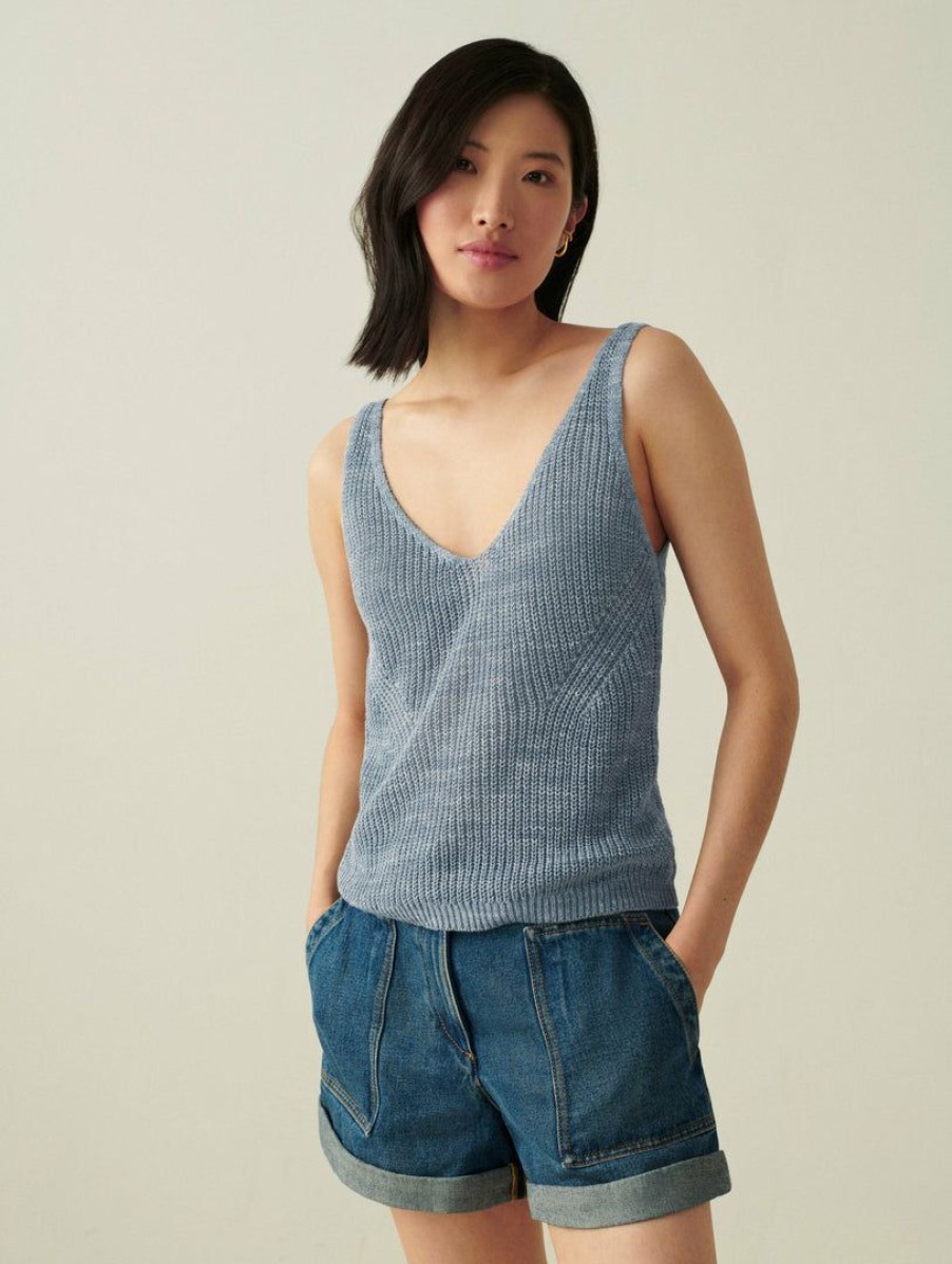 Apparel * | White + Warren Linen Ribbed V Neck Tank Denim Heather