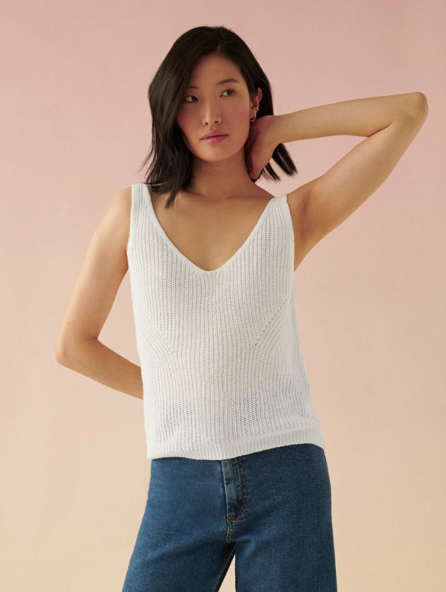 Apparel * | White + Warren Linen Ribbed V Neck Tank White