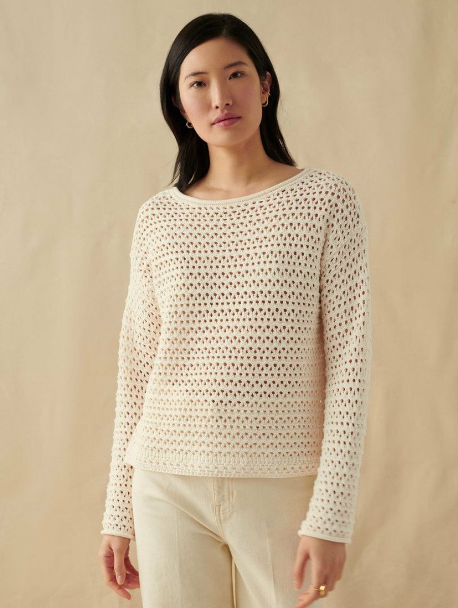 Apparel * | White + Warren Italian Blend Crochet Crewneck Ivory