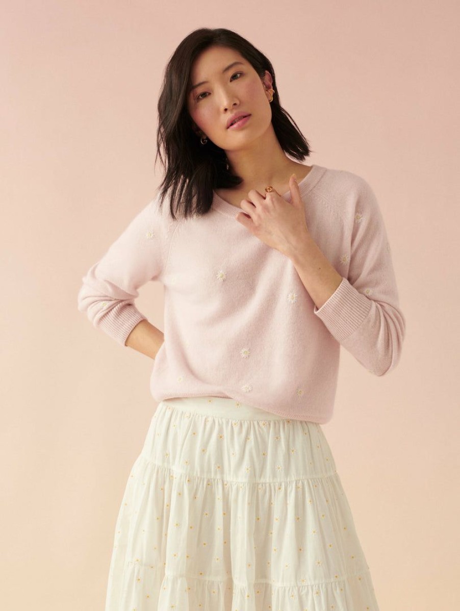 Apparel * | White + Warren Cashmere Embroidered Daisy Sweatshirt Pink Sand Combo