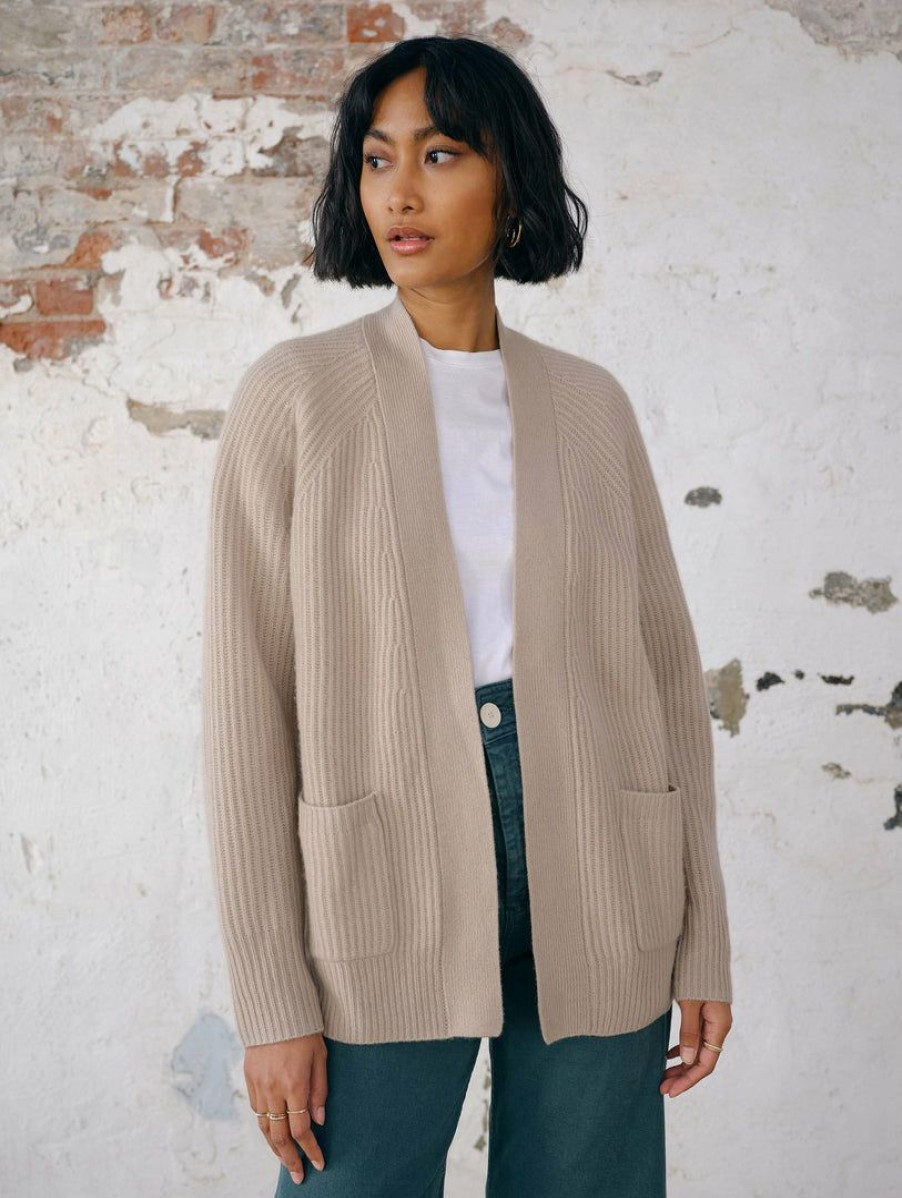 Apparel * | White + Warren Cardigans Recycled Cashmere Ribbed Open Cardigan Parchment