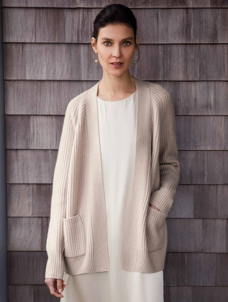 Apparel * | White + Warren Cardigans Recycled Cashmere Ribbed Open Cardigan Parchment