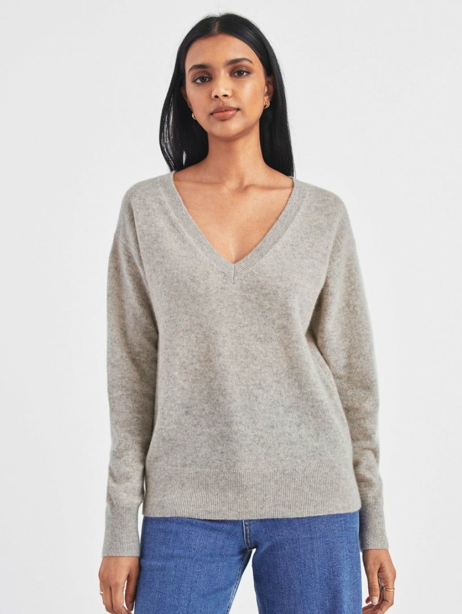 Apparel * | White + Warren Cashmere V Neck Misty Grey Heather