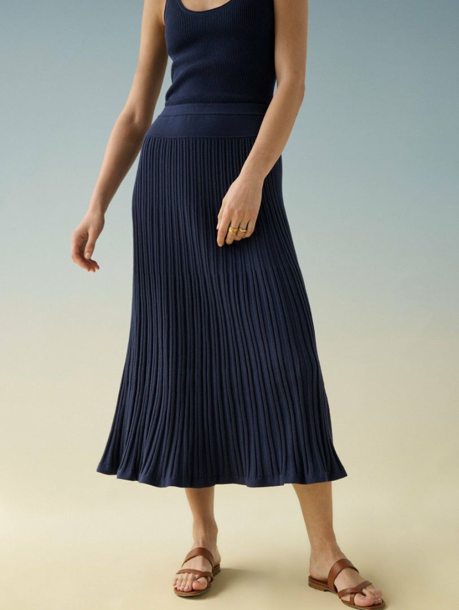 Apparel * | White + Warren Cotton Silk Ribbed Skirt Color Shop Navy