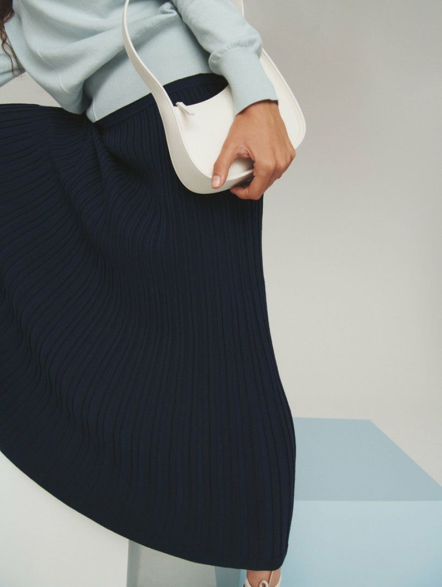 Apparel * | White + Warren Cotton Silk Ribbed Skirt Color Shop Navy