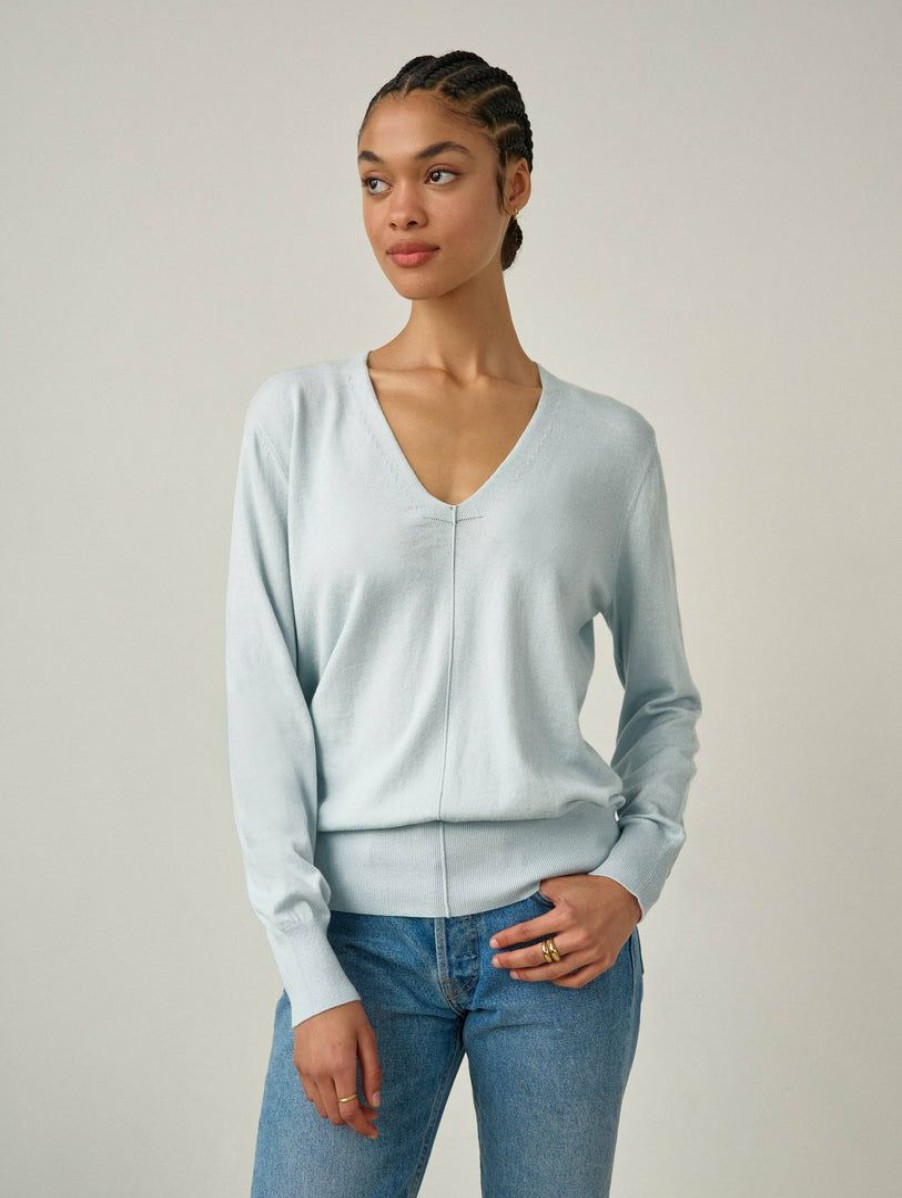 Apparel * | White + Warren Color Shop Cotton Silk V Neck Iced Blue