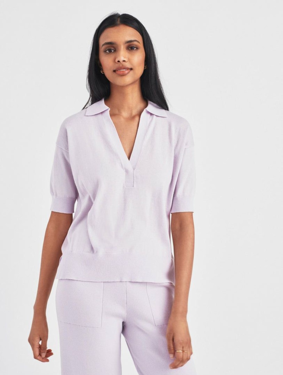 Apparel * | White + Warren Cotton Cashmere Polo Top Sweaters Pale Lilac