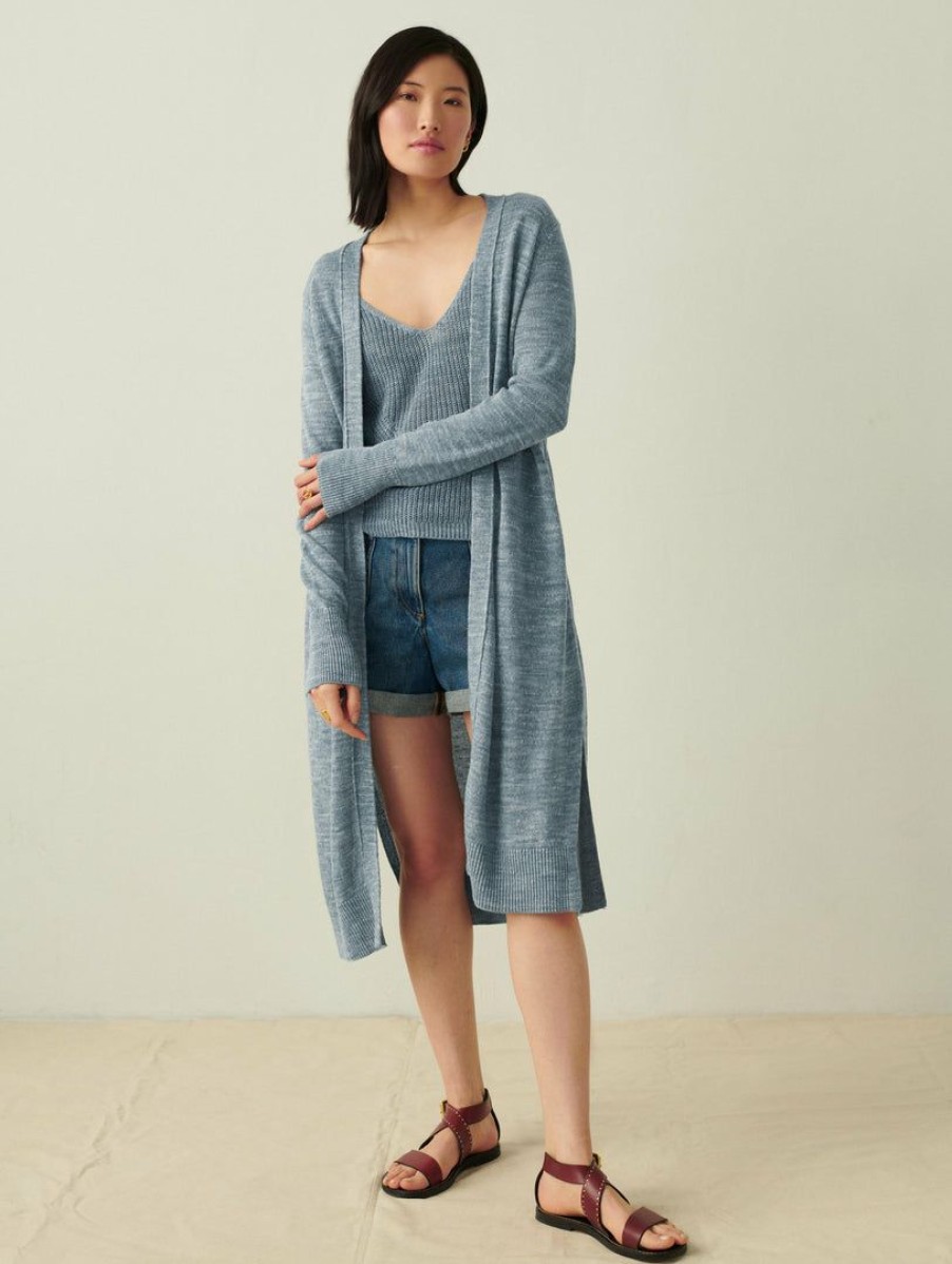 Apparel * | White + Warren Vacation Wardrobe Linen Long Open Cardigan Denim Heather