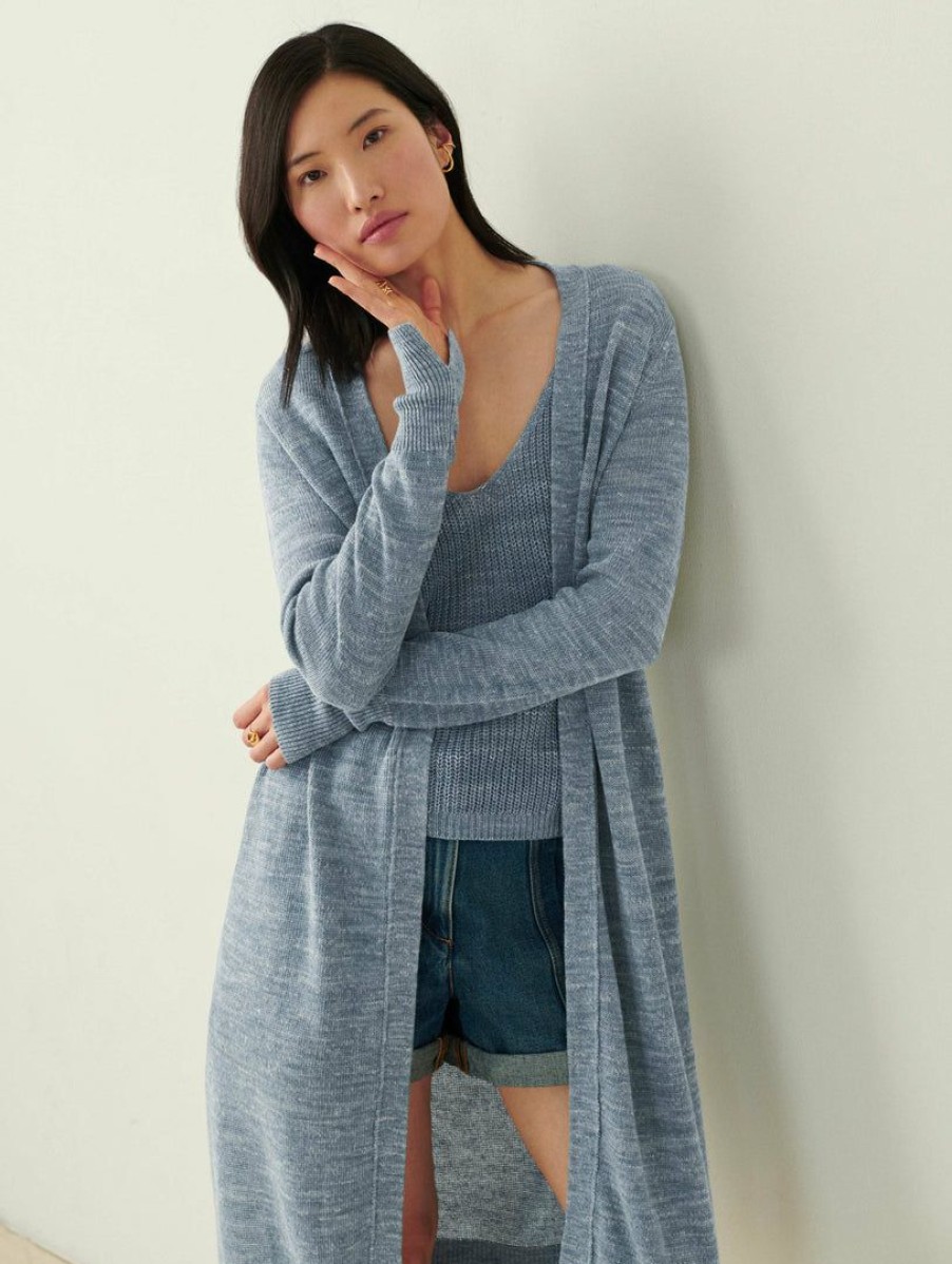 Apparel * | White + Warren Vacation Wardrobe Linen Long Open Cardigan Denim Heather