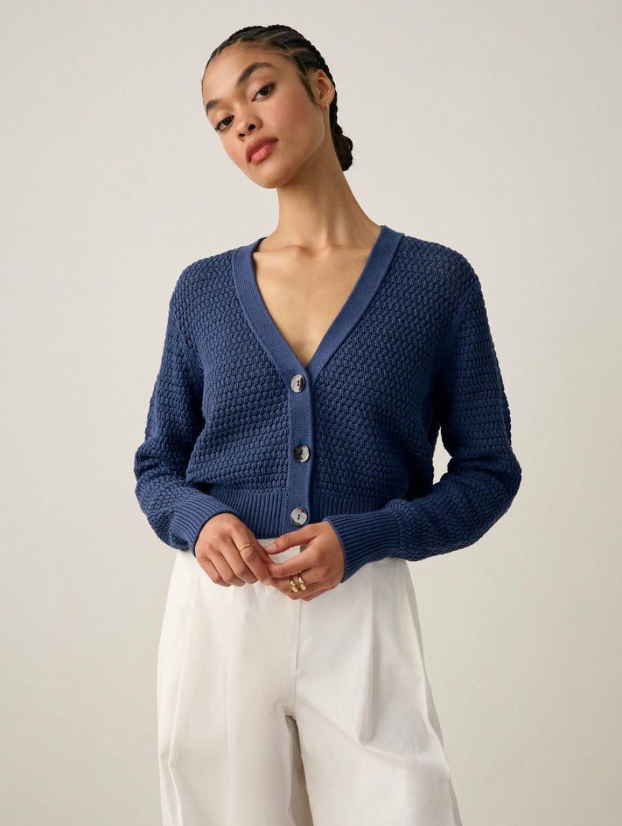 Apparel * | White + Warren Summer Staples Cotton Cropped Mesh Cardigan Dark Denim