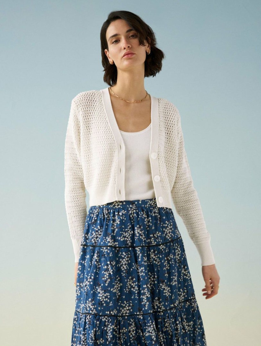 Apparel * | White + Warren Cotton Cropped Mesh Cardigan White