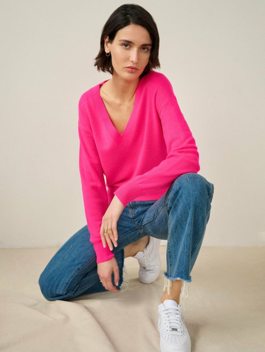 Apparel * | White + Warren Best-Sellers Essential Cashmere V Neck Neon Berry