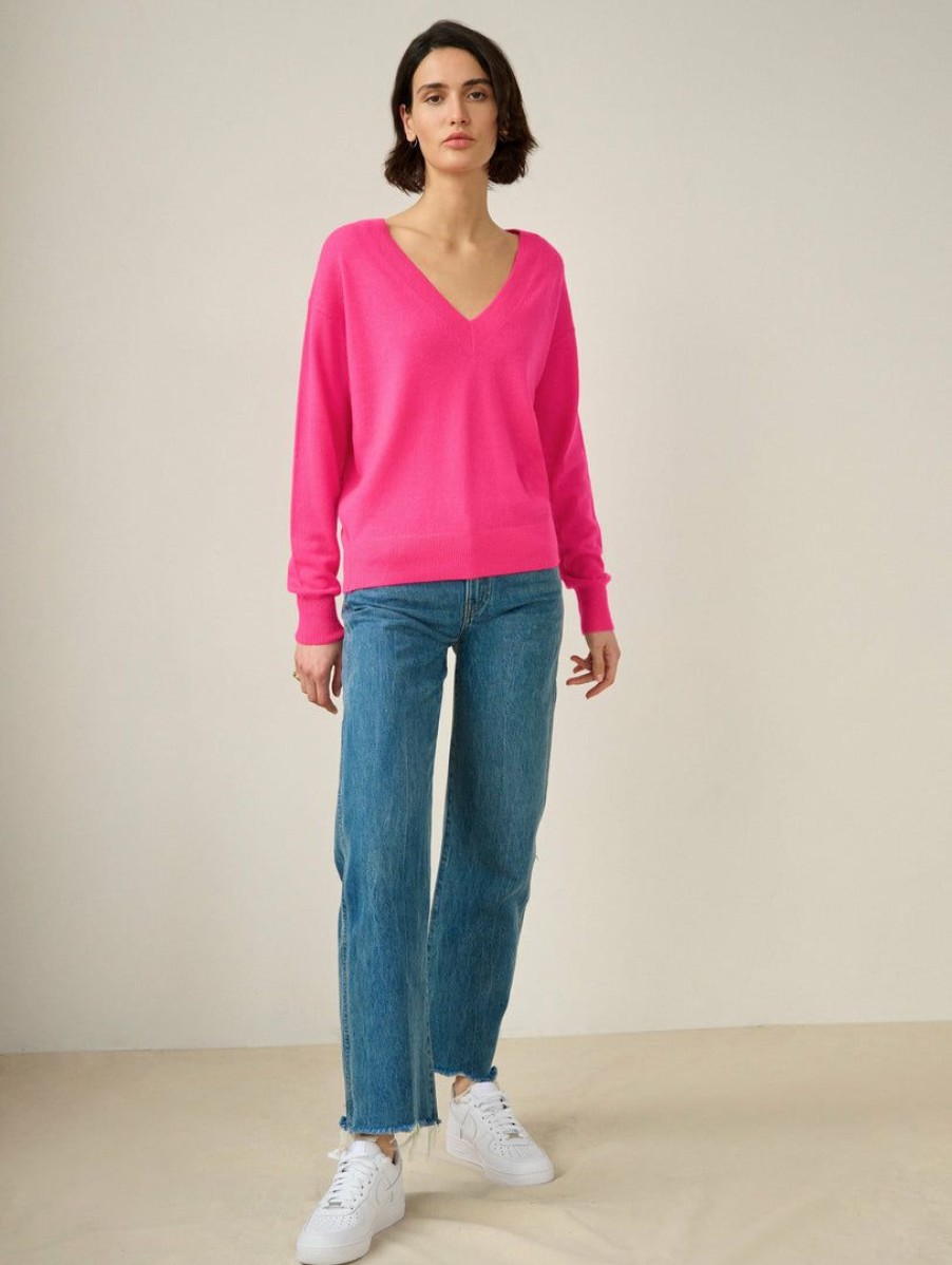 Apparel * | White + Warren Best-Sellers Essential Cashmere V Neck Neon Berry