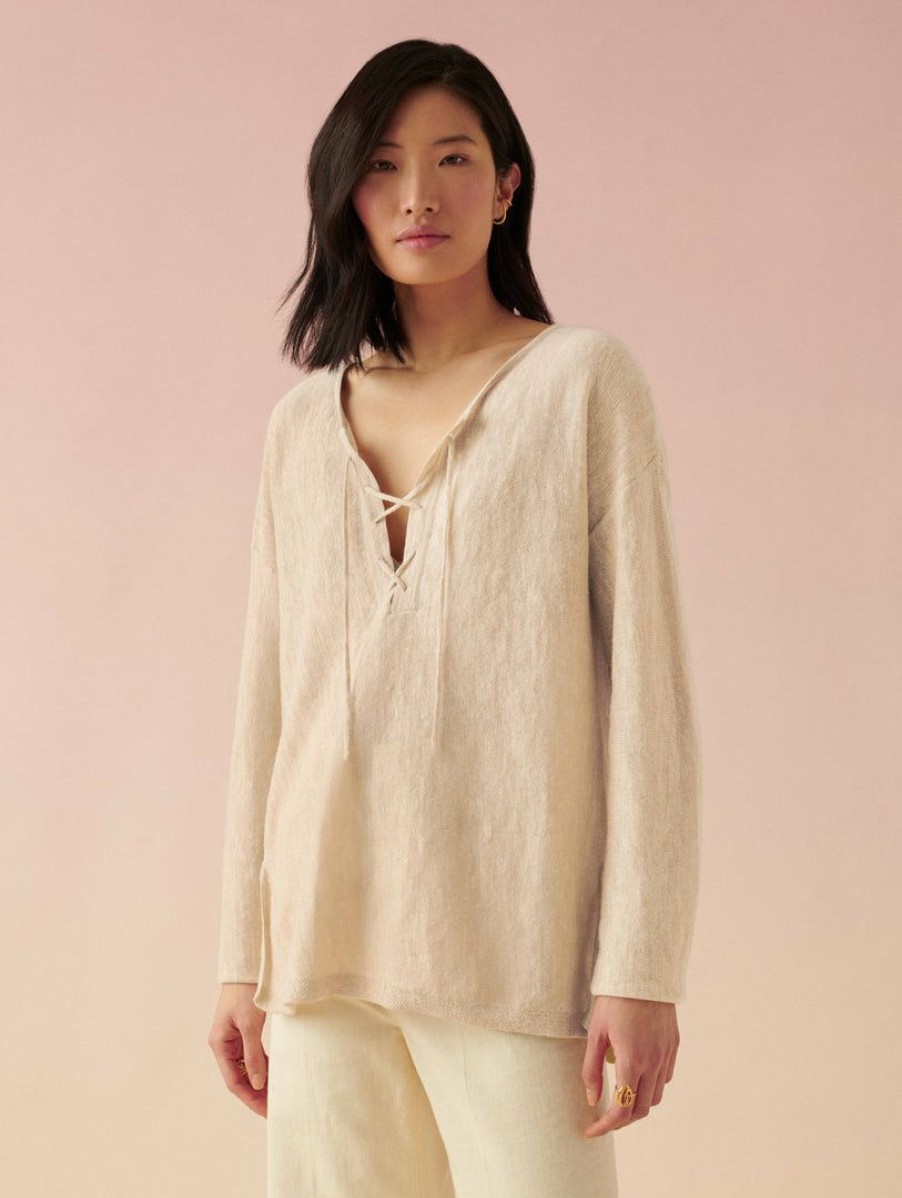 Apparel * | White + Warren Vacation Wardrobe Linen Slub Lace Up Top Sand Heather