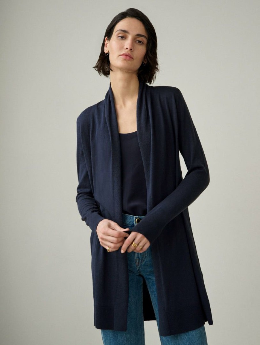 Apparel * | White + Warren Cotton Silk Long Open Cardigan Best-Sellers Navy