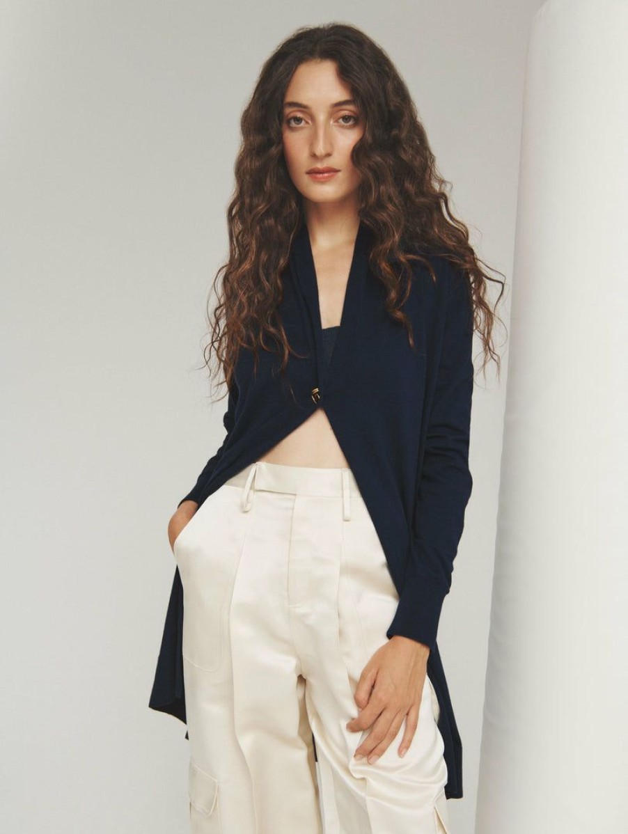 Apparel * | White + Warren Cotton Silk Long Open Cardigan Best-Sellers Navy