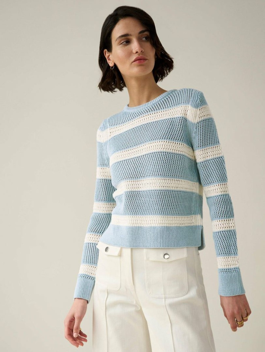 Apparel * | White + Warren Cotton Striped Mesh Crewneck Summer Staples Powder Blue/White