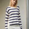 Apparel * | White + Warren Cotton Striped Side Button Crewneck Pearl White/Navy