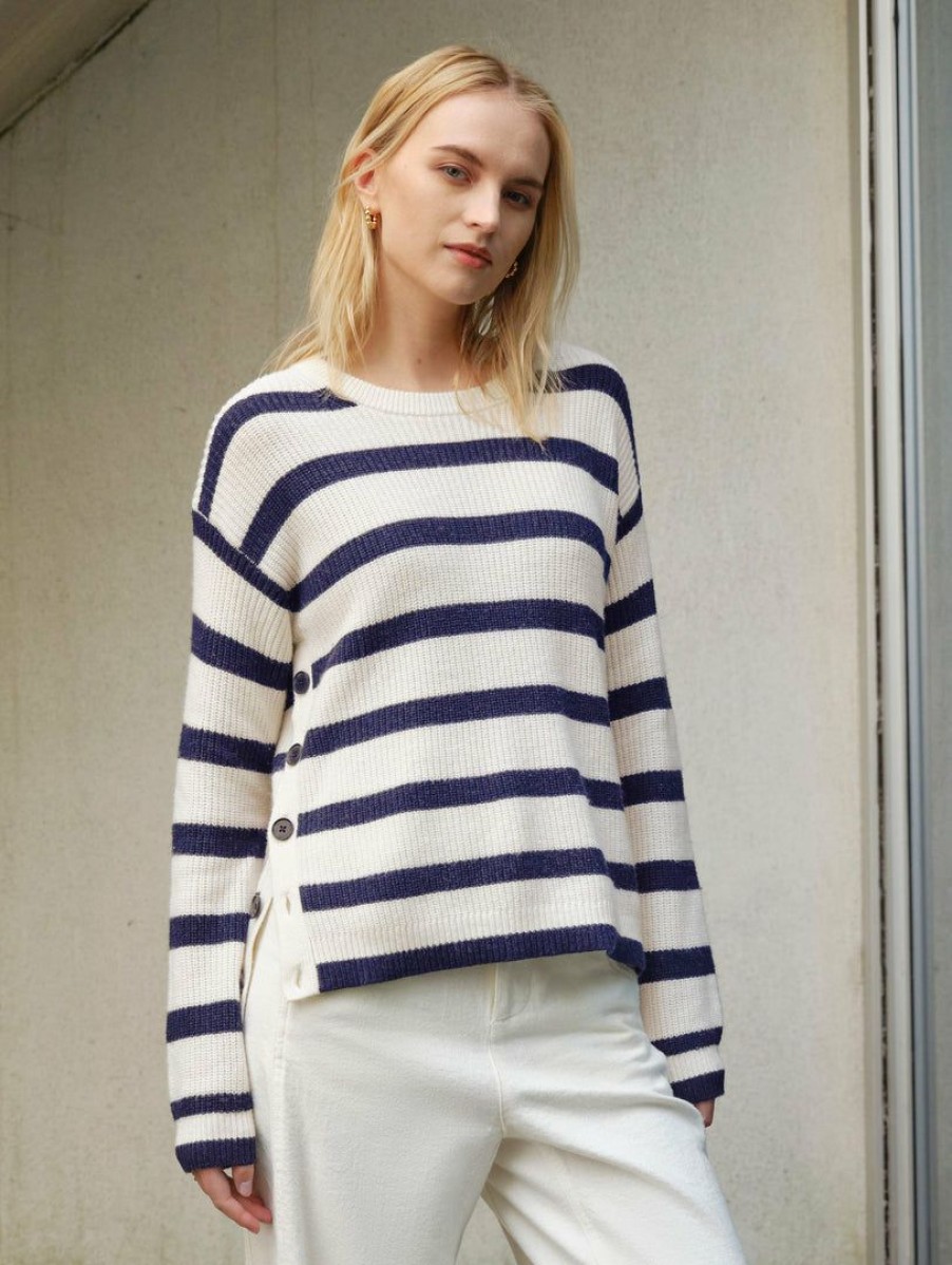 Apparel * | White + Warren Cotton Striped Side Button Crewneck Pearl White/Navy