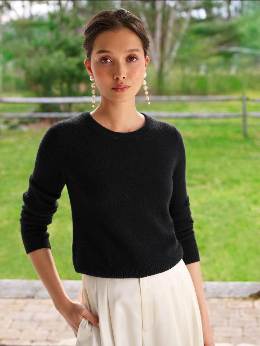 Apparel * | White + Warren Best-Sellers Essential Cashmere Shrunken Crewneck Black