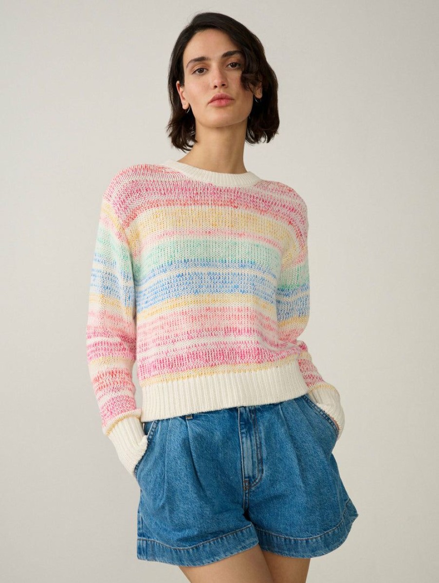 Apparel * | White + Warren Cotton Marled Striped Crewneck Rainbow Multi