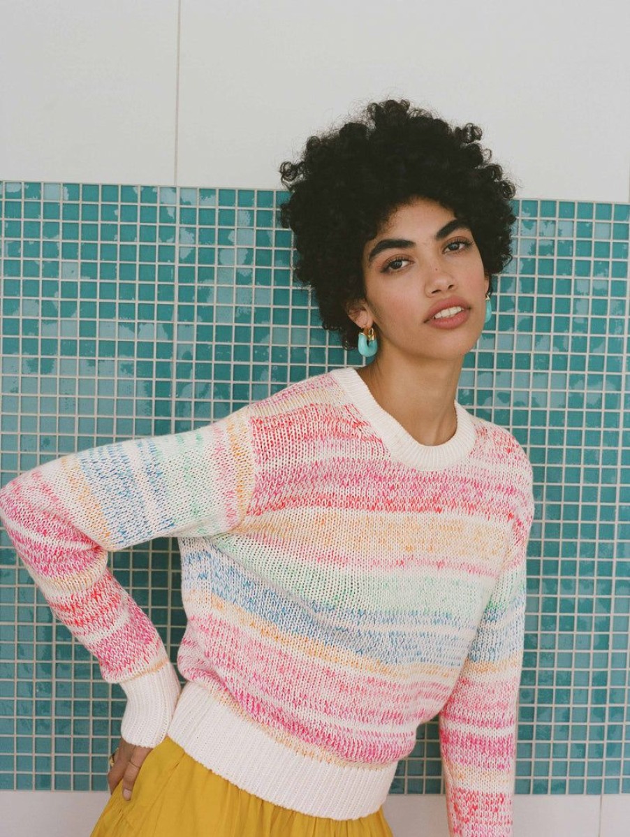 Apparel * | White + Warren Cotton Marled Striped Crewneck Rainbow Multi