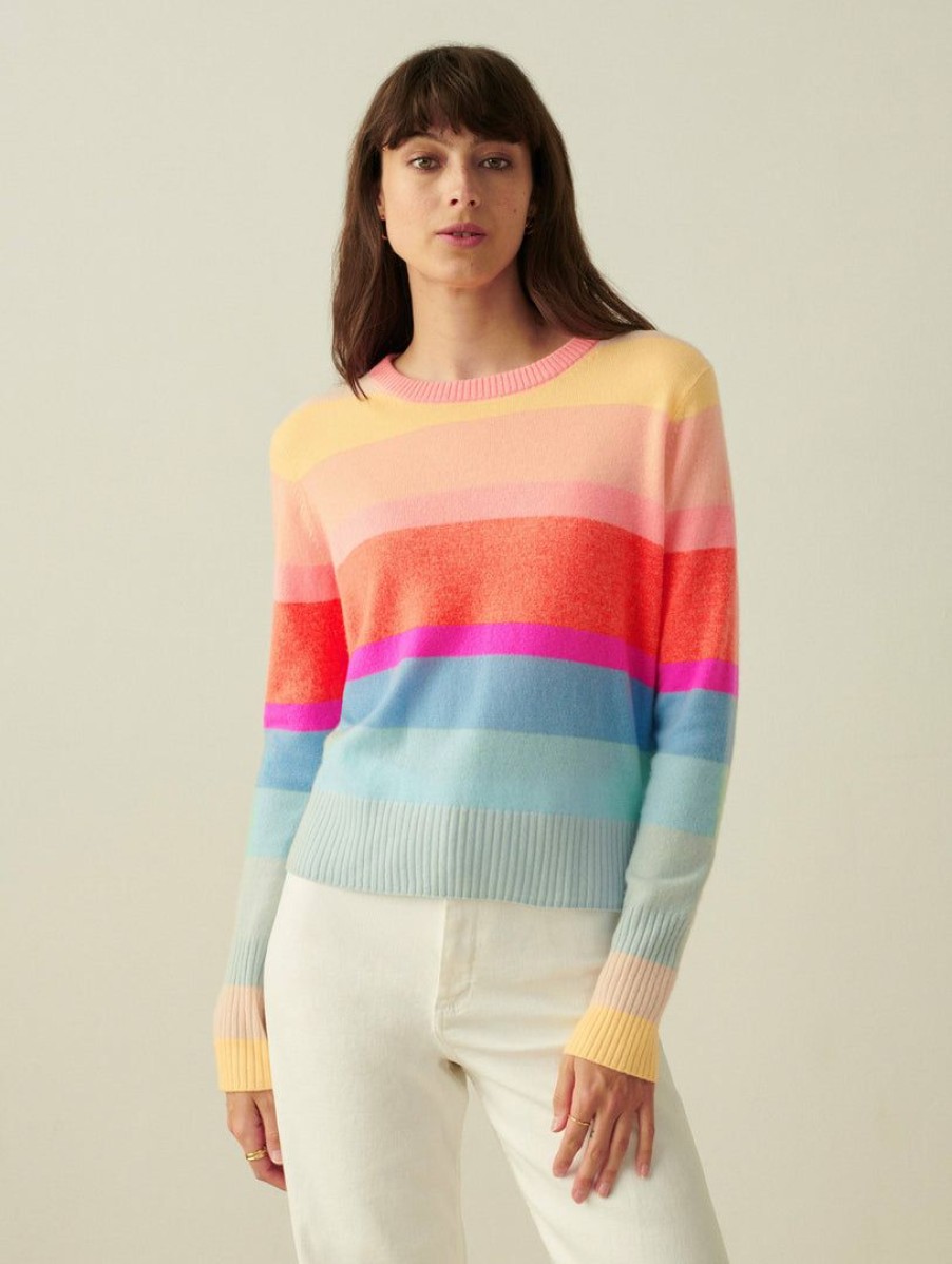 Apparel * | White + Warren Pattern Shop Cashmere Striped Shrunken Crewneck Rainbow Multi