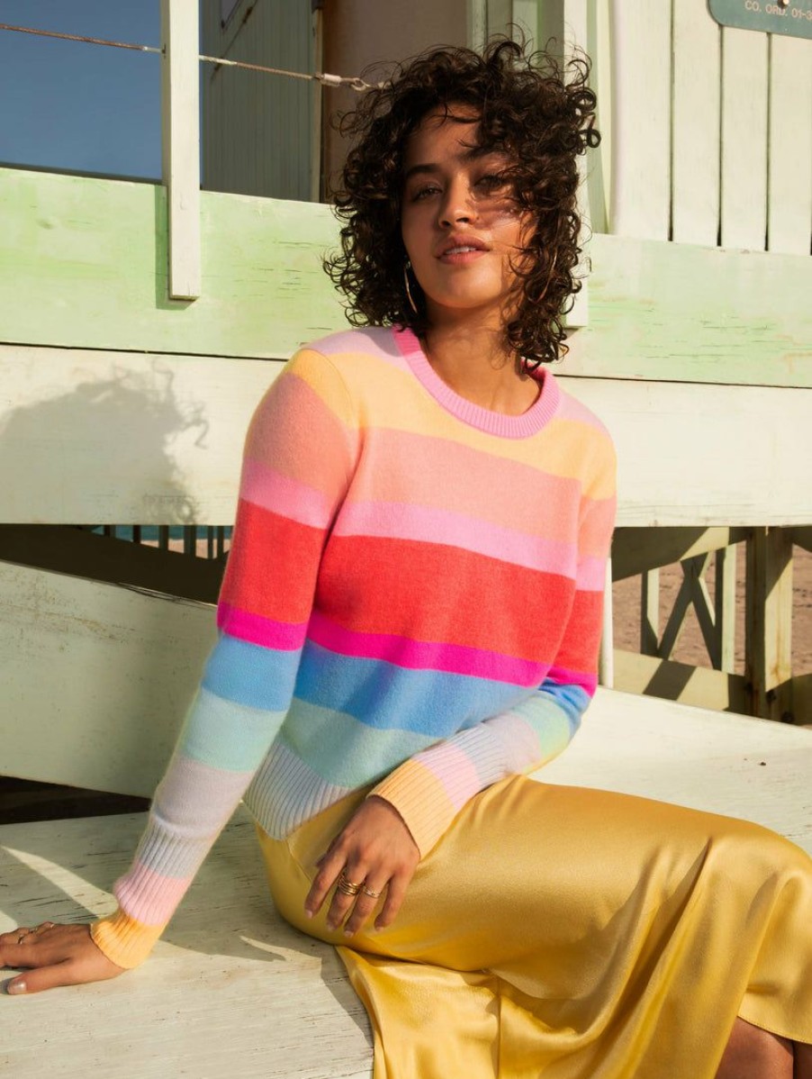 Apparel * | White + Warren Pattern Shop Cashmere Striped Shrunken Crewneck Rainbow Multi