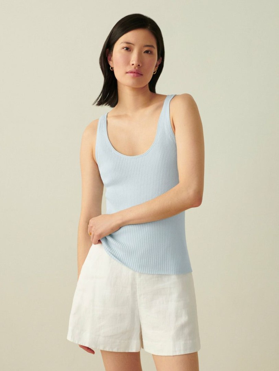 Apparel * | White + Warren Vacation Wardrobe Linen Blend Ribbed Tank Sky Blue Heather