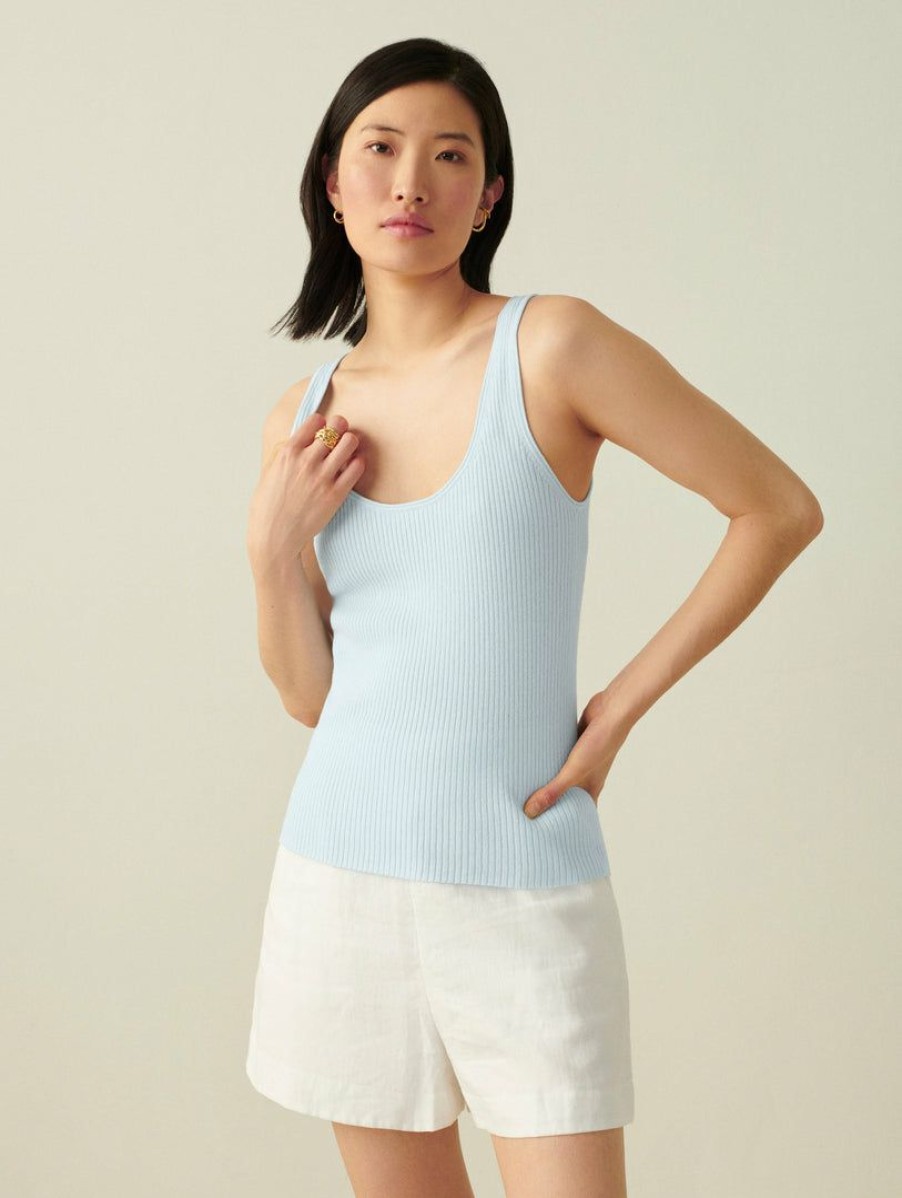 Apparel * | White + Warren Vacation Wardrobe Linen Blend Ribbed Tank Sky Blue Heather