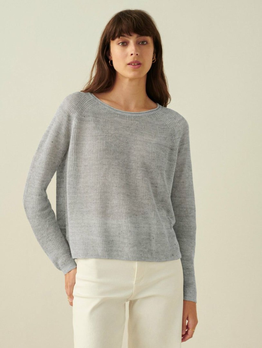 Apparel * | White + Warren Linen Ribbed Crewneck Silver Heather