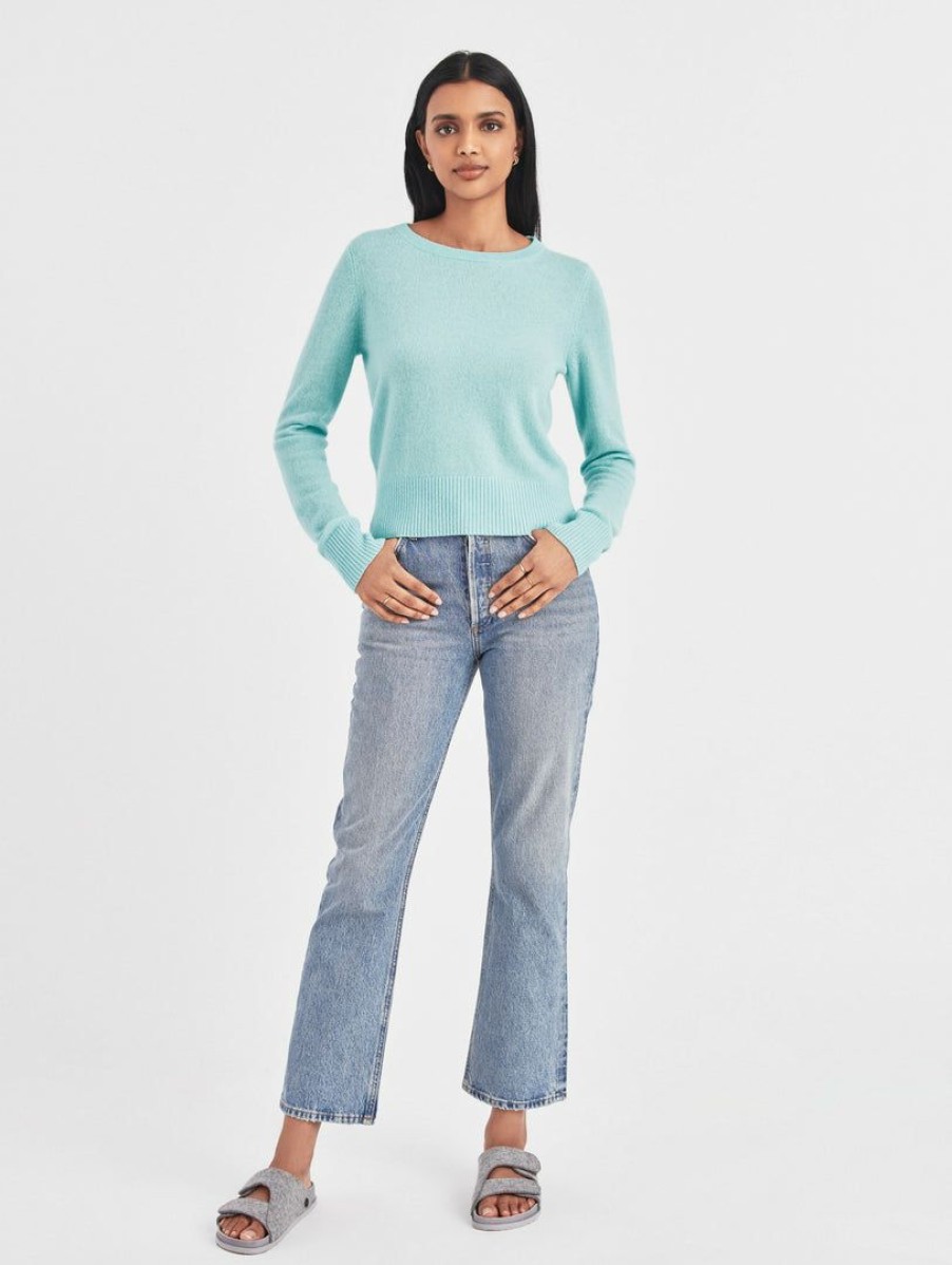 Apparel * | White + Warren Essential Cashmere Shrunken Crewneck Sea Ice