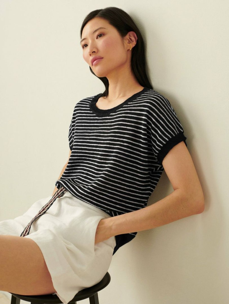 Apparel * | White + Warren Vacation Wardrobe Linen Slub Striped Tee Black/White