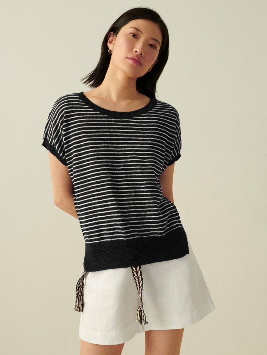 Apparel * | White + Warren Vacation Wardrobe Linen Slub Striped Tee Black/White