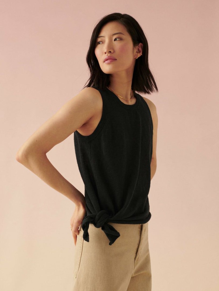 Apparel * | White + Warren Linen Slub Side Tie Tank Black