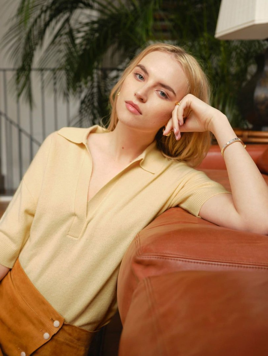 Apparel * | White + Warren Cashmere Polo Top Honeysuckle